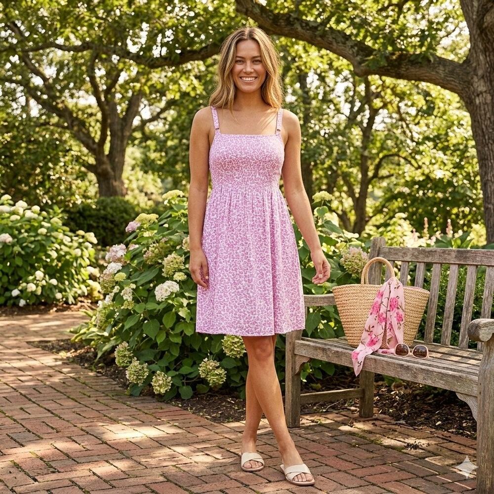 Old Navy Pink Floral Linen-Blend Fit & Flare Cami Mini Dress XL Smocked Back